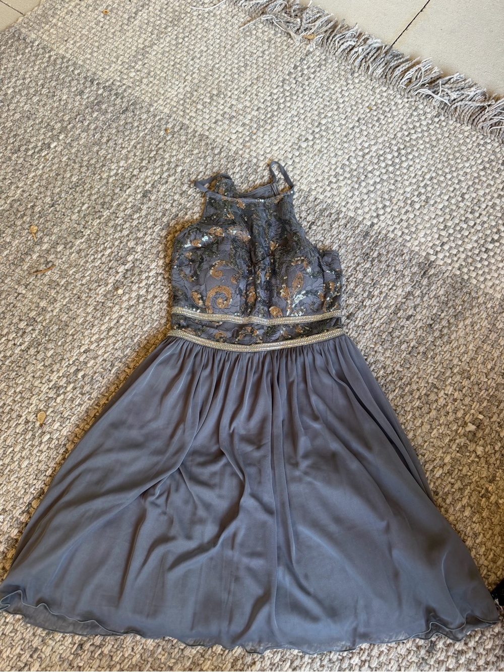 BCX Gray and Gold Embroidered Halter Dress